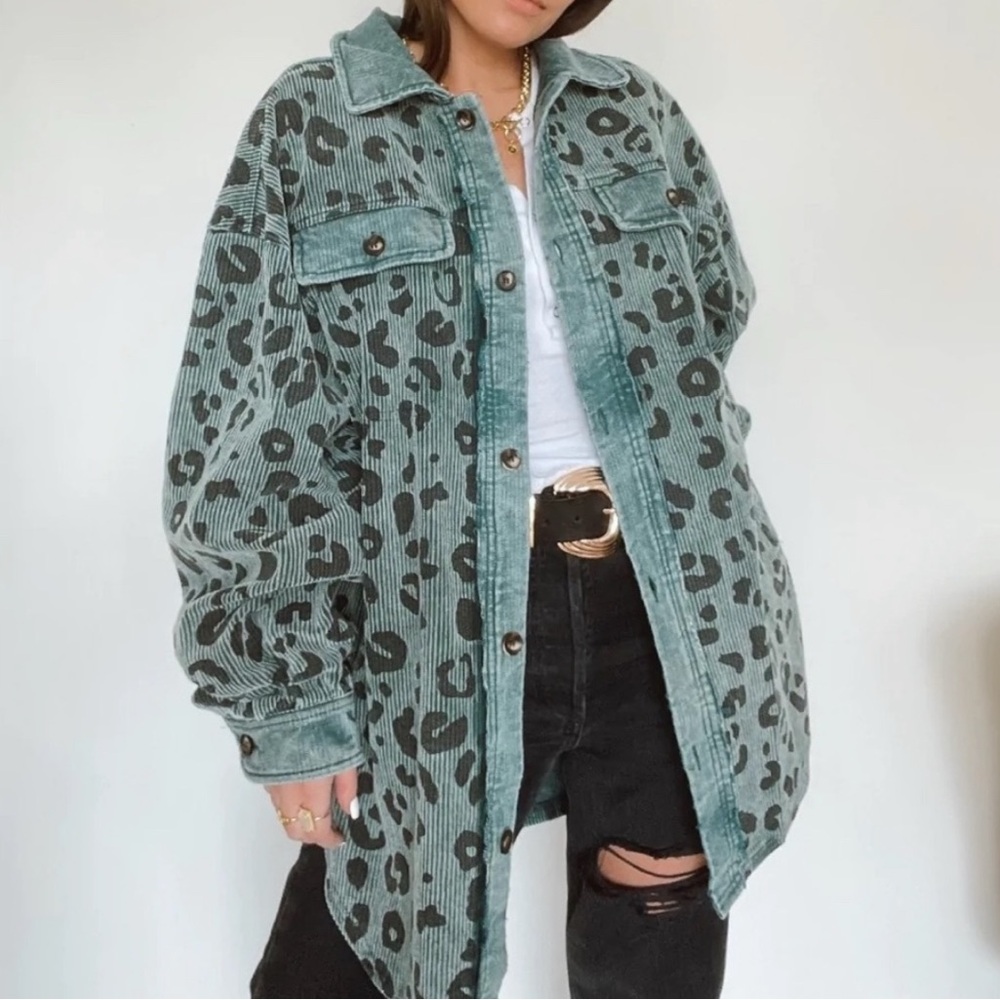 Corduroy Leopard Shacket Oversized | Blue & Black NWOT - Picture 2 of 7